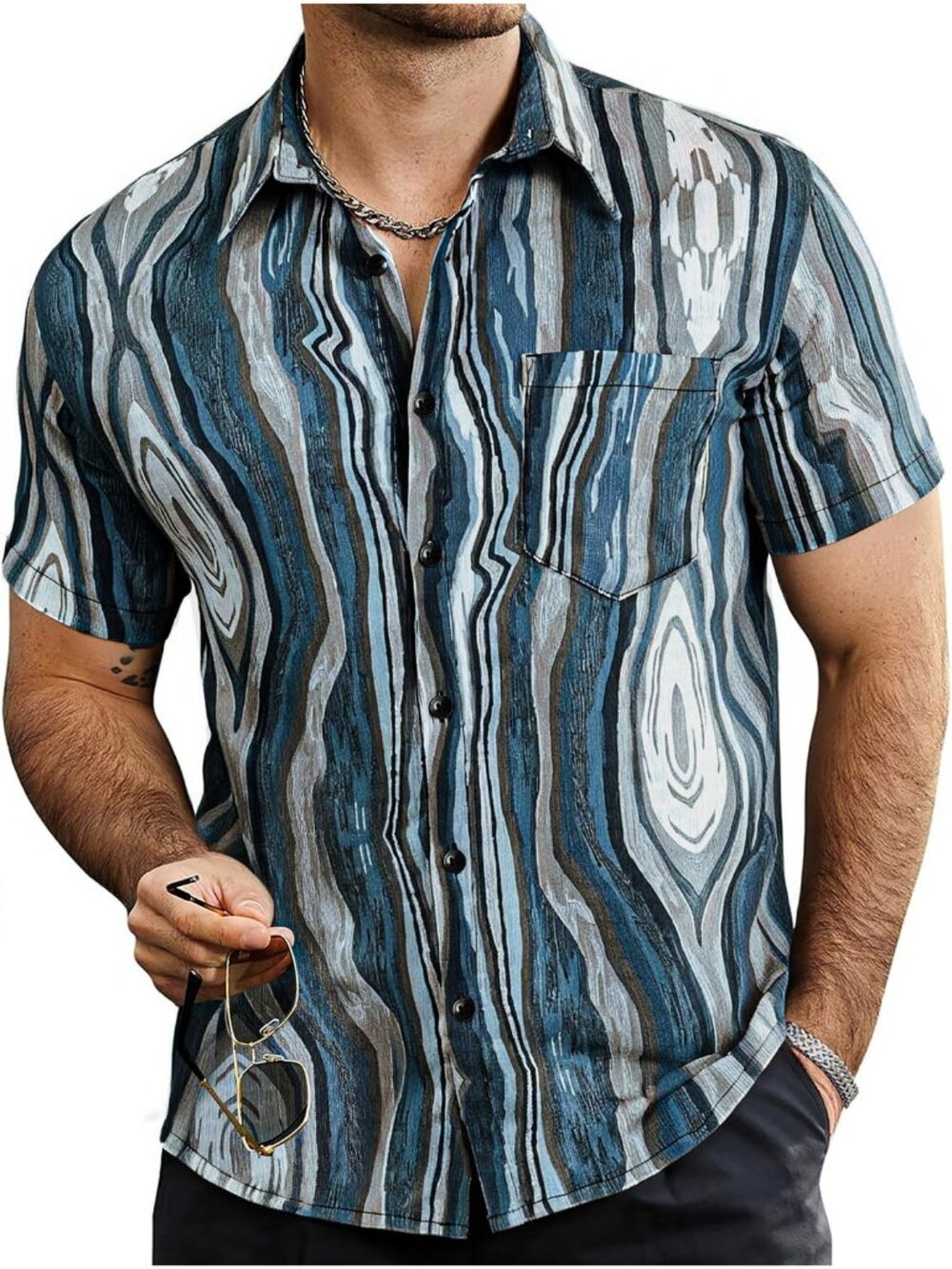 Men's Beigeblue Gray Striped Short Sleeve Button Down Beach Shirt with Pocket
